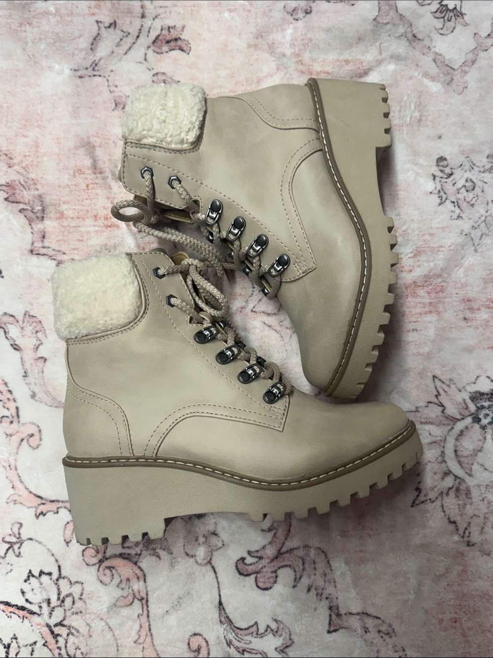 Dolce Vita Beige Lace-Up Sherpa-Trim Lug Boots